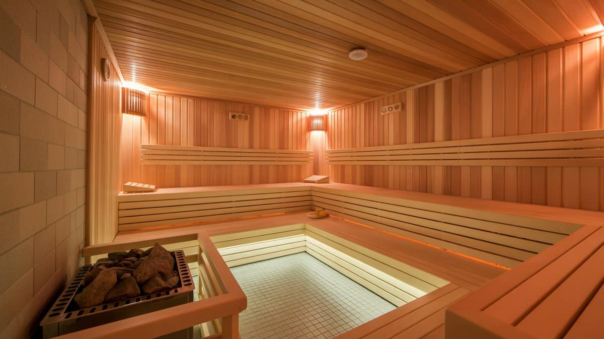 Interior of basement wood sauna with cedar plank walls, multi-level bench seating, and traditional rock stone heater