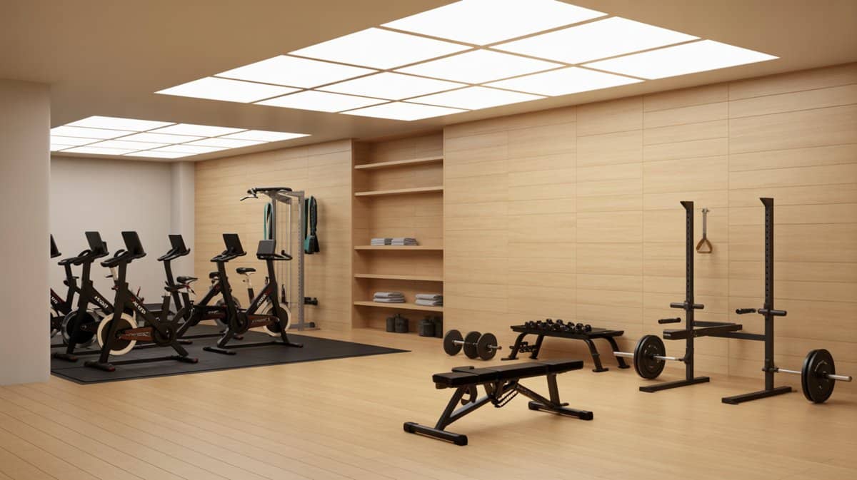 Light wood home gym with spin bikes, weight bench, barbell rack, and bright skylight ceiling panels