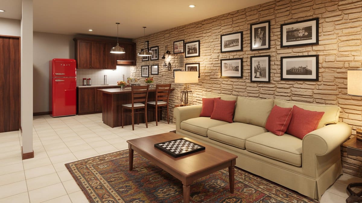 Rustic finished basement living room with sandy stone accent wall, cream sofa with red pillows, Persian rug, and red retro kitchen