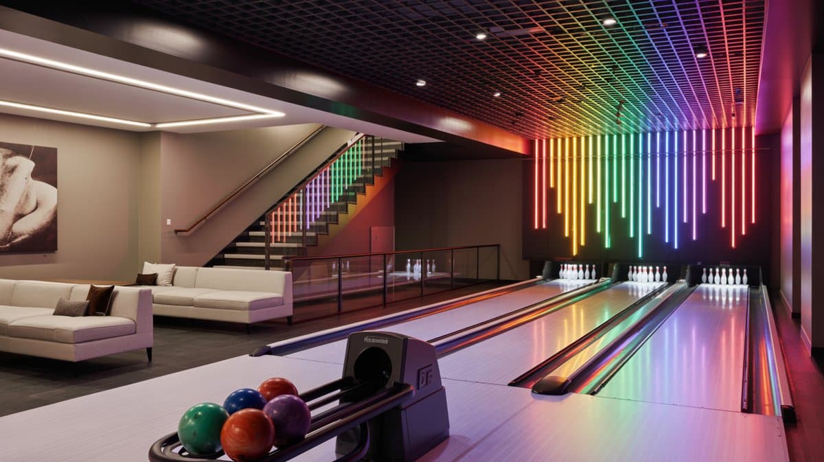 Luxury basement bowling alley with two regulation lanes, ball return machine, and rainbow neon vertical light wall art