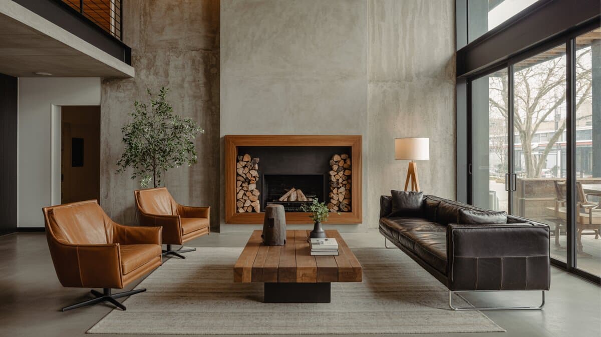 Tan leather swivel chairs with stacked log fireplace and concrete walls in modern loft