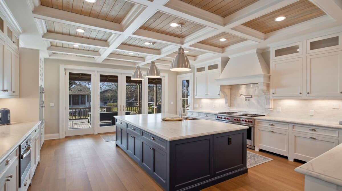 Traditional kitchen with coffered box beam ceiling featuring natural wood insets above a large dark navy marble island