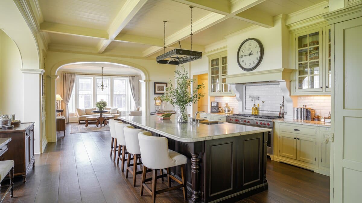 Traditional open kitchen with pale beadboard coffered ceiling above a dark espresso island with marble countertop