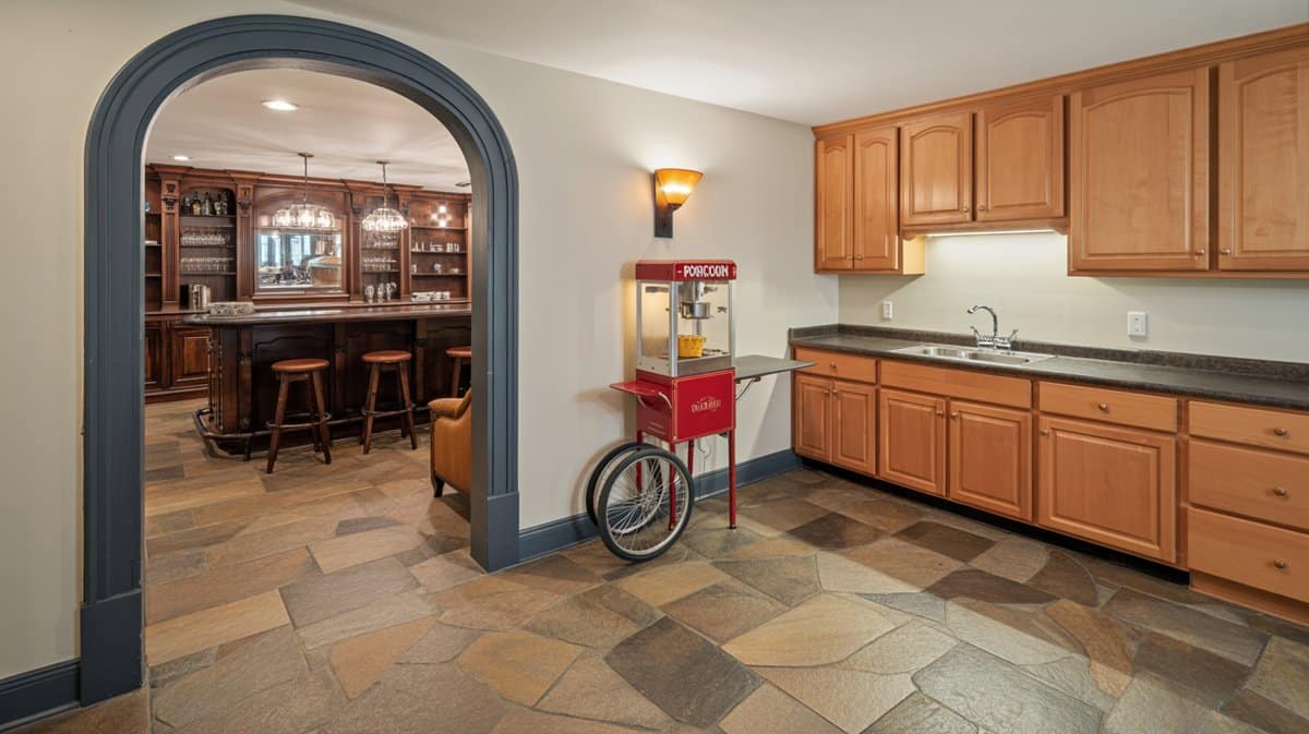 Dark arched entry leading to wood bar with pendant lights, red popcorn machine, honey maple kitchen, and stone tile floor