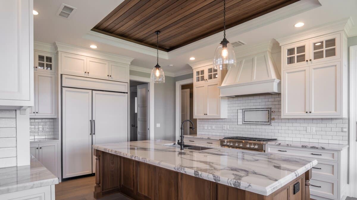 Transitional kitchen with dark walnut plank recessed tray ceiling above a dramatic marble waterfall island