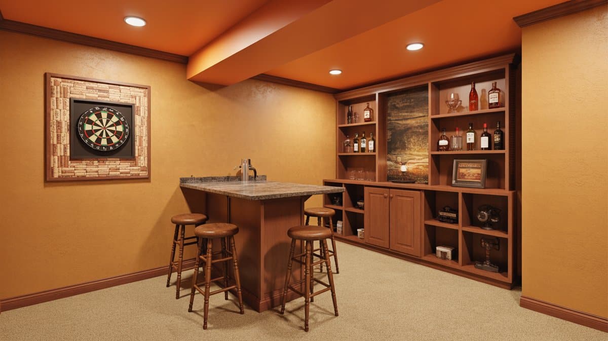 Rustic basement man cave with orange painted ceiling, dartboard framed in wine corks, wood bar with stools, and liquor shelving