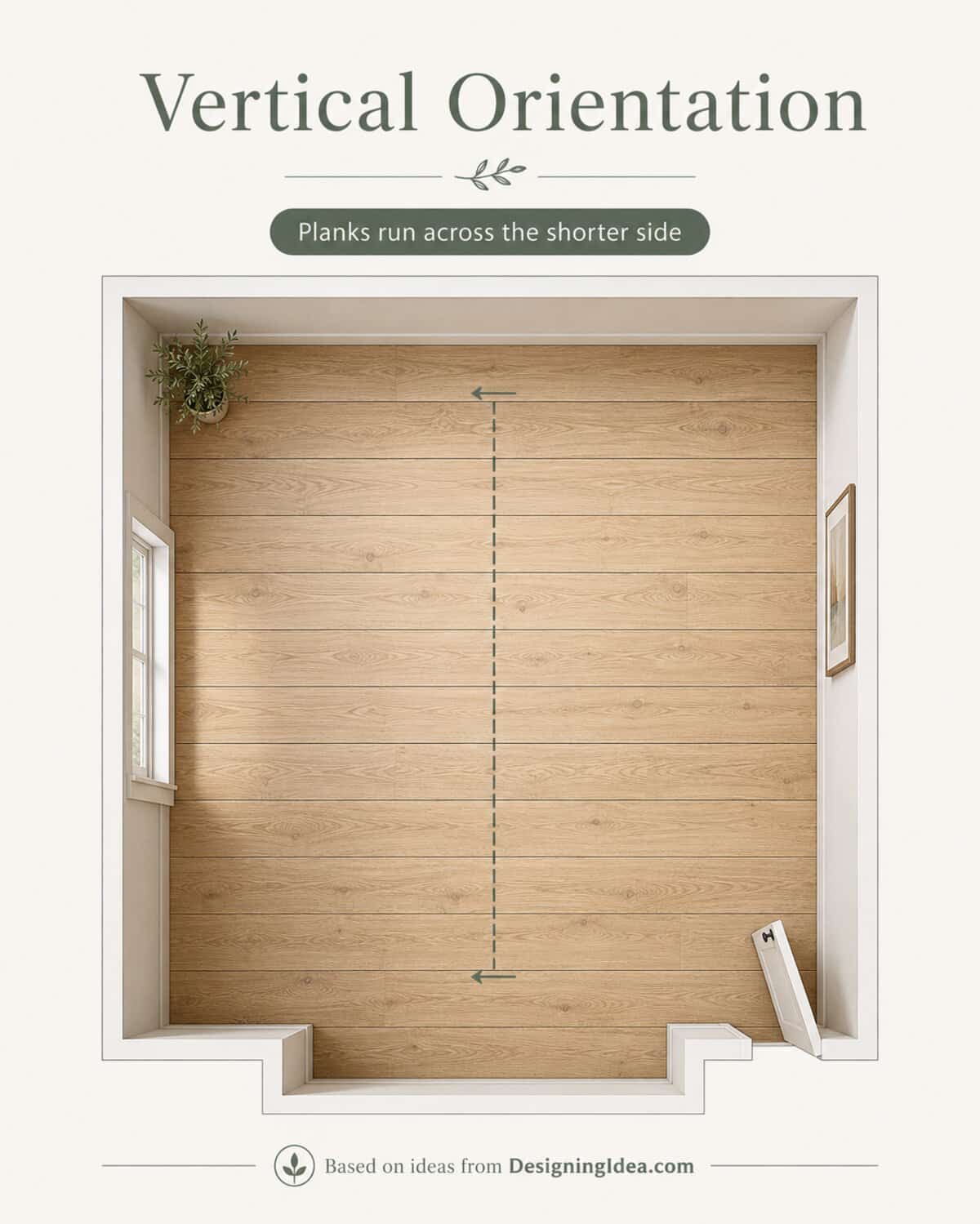 Overhead diagram of vertical wood floor planks running across the shorter wall of a room