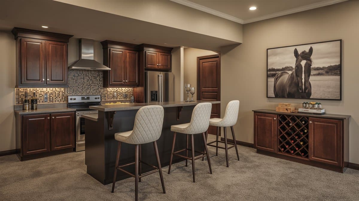 Basement bar kitchen with dark espresso cabinets, mosaic backsplash, stainless range hood, and white quilted leather barstools