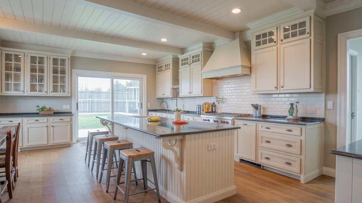 White farmhouse kitchen with narrow v-groove plank ceiling above a beadboard island with dark granite countertop