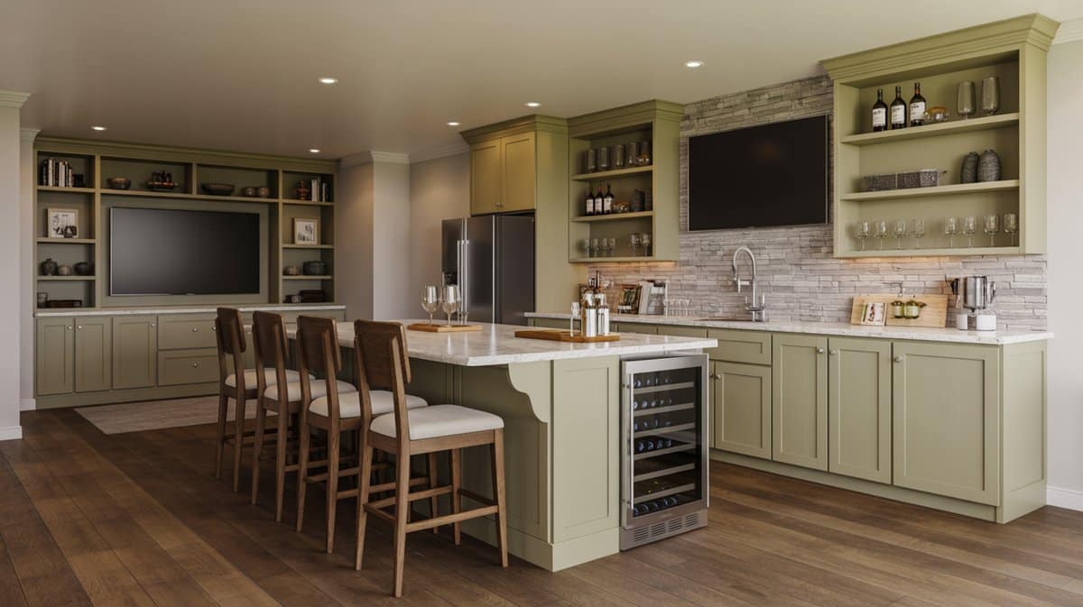 Basement kitchen and bar with sage green shaker cabinets, large granite island, wood barstools, and multiple wall TVs
