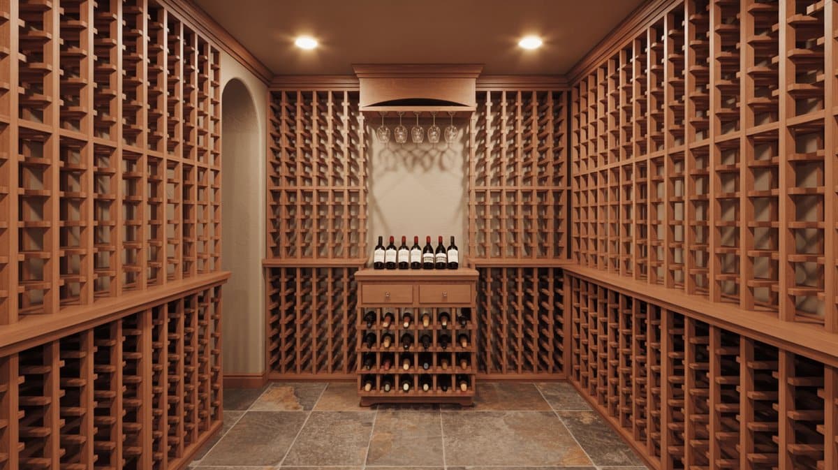 Dedicated basement wine cellar with floor-to-ceiling wood wine racks, arched niche, hanging stemware, and slate tile floor