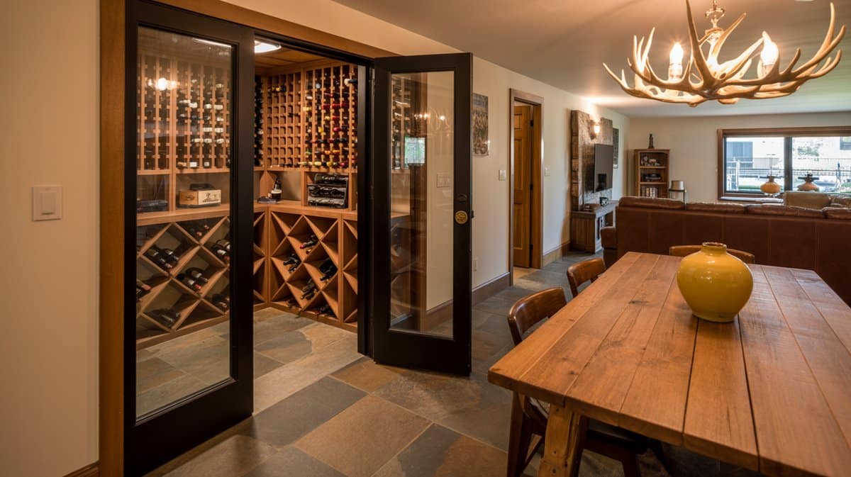 Basement wine cellar viewed through glass double doors with diamond wood racks, antler chandelier, and rustic wood dining table