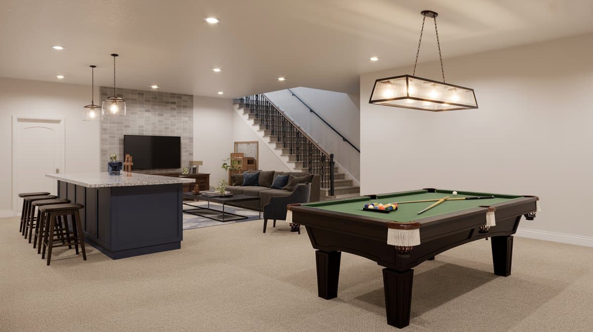 Contemporary basement with navy blue bar island with granite countertop, pool table with green felt, and staircase with iron railing