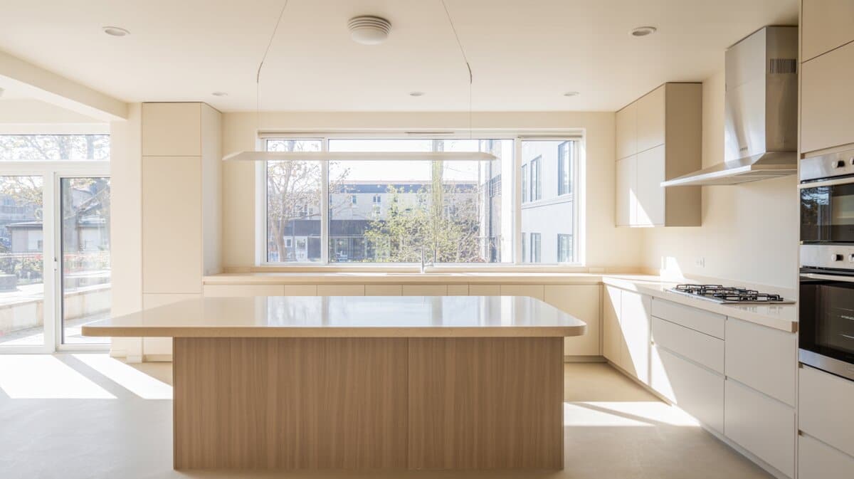 Bright modern kitchen with white quartz counters and a large picture window