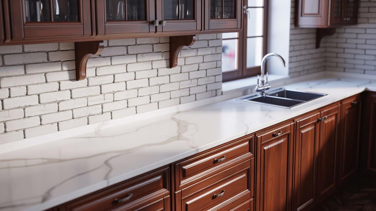 Mahogany cabinet kitchen with marble look quartz counter and white brick backsplash
