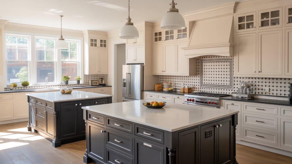 Transitional kitchen with two black islands and white quartz countertops throughout