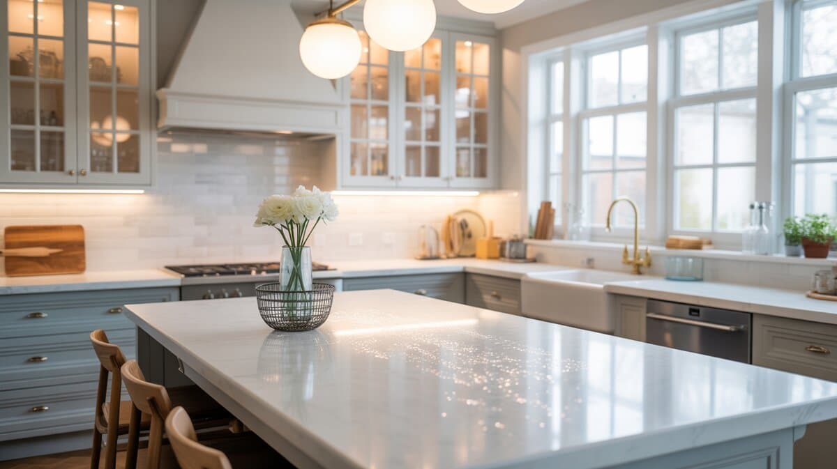 Cottage kitchen with sparkling white quartz island and warm globe pendant lights