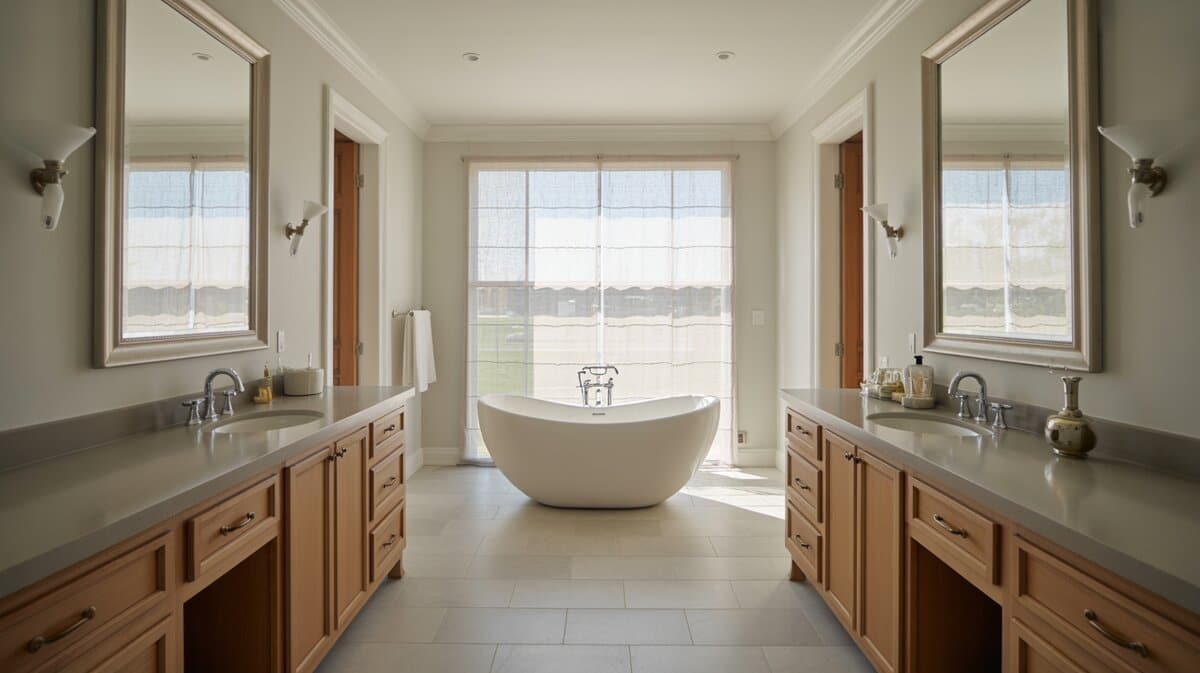Symmetrical master bath with twin wood vanities flanking a freestanding tub below a window.