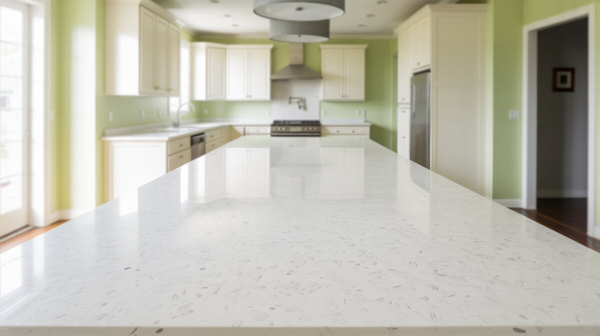 Crisp white kitchen with crystal white quartz and soft green accent walls