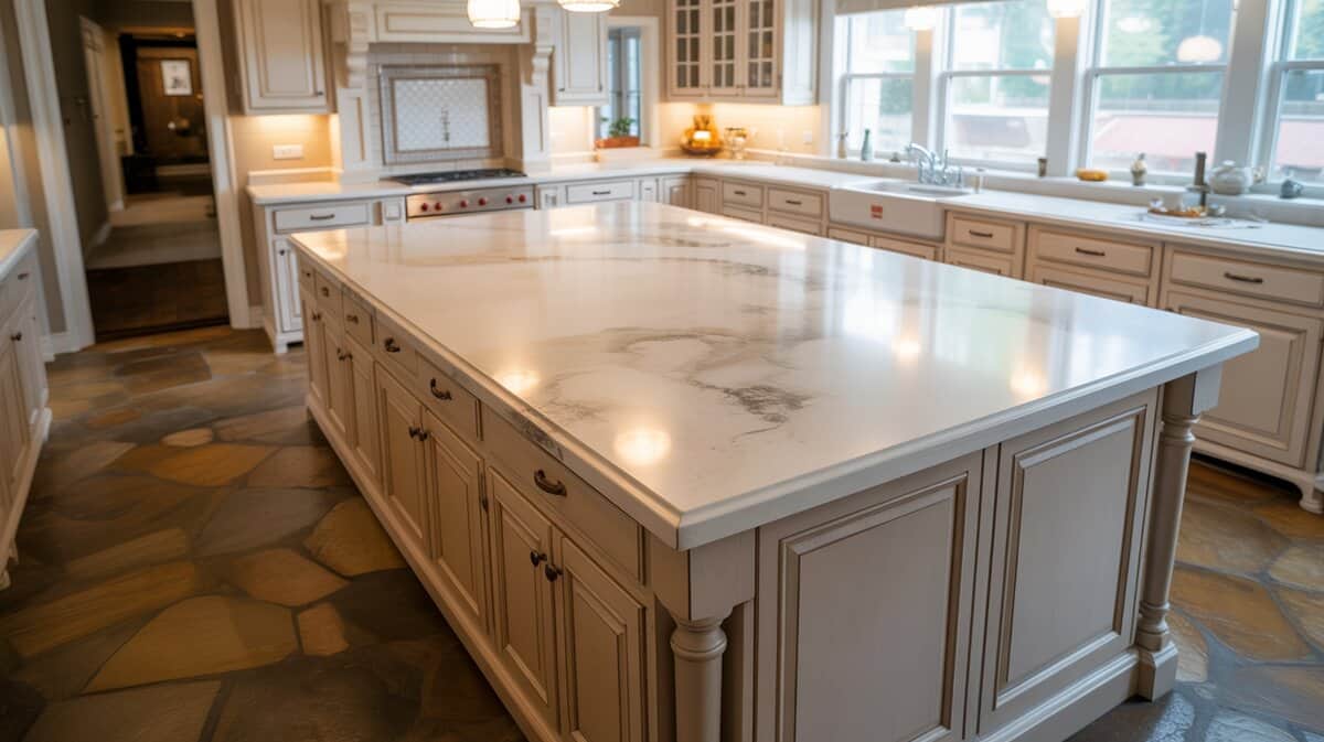 Traditional kitchen with wood island, cascade white quartz and natural stone floor