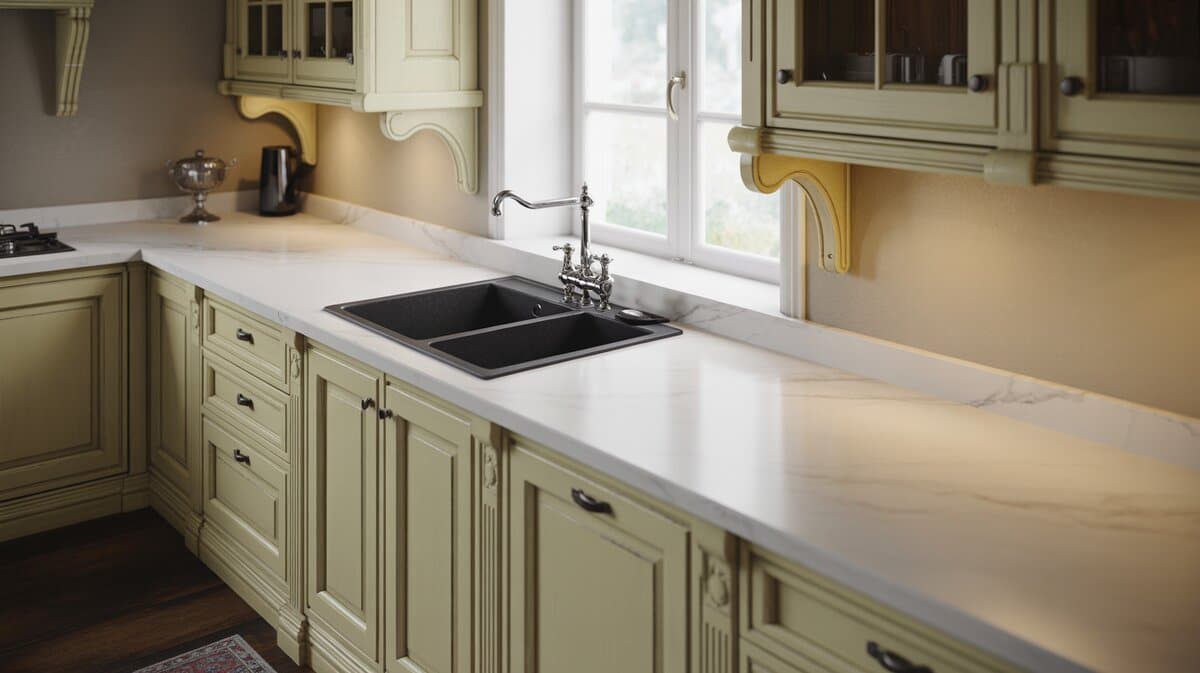 Soft green cabinet kitchen with gray veined marble look quartz and black sink