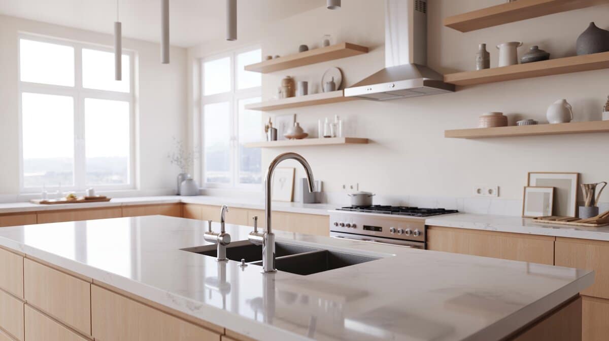 Contemporary kitchen with marble look quartz, open wood shelving and double sink