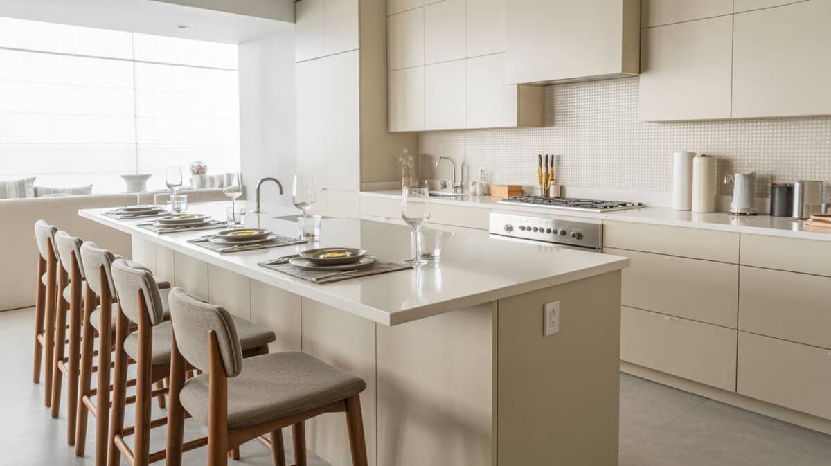 Bright white kitchen with Thassos quartz peninsula and warm wood bar stools