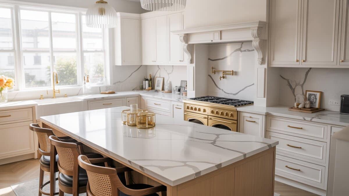 White shaker kitchen with Calacatta Nuvo quartz and warm gold hardware