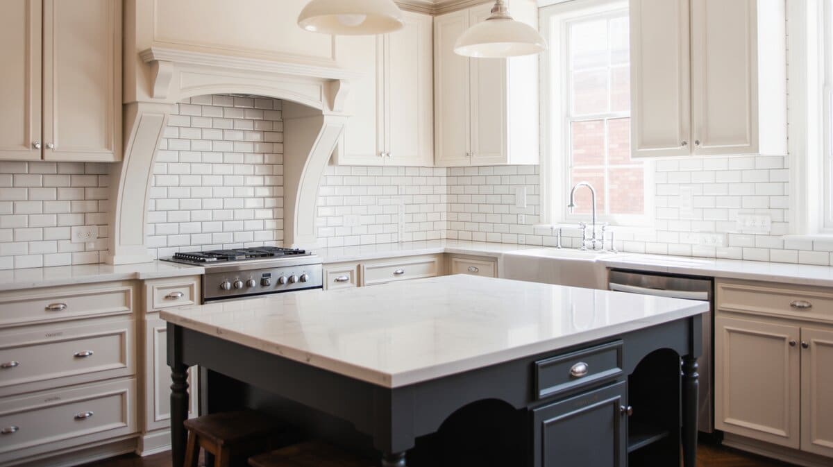 Classic kitchen with black island, quartz counters and white subway tile backsplash