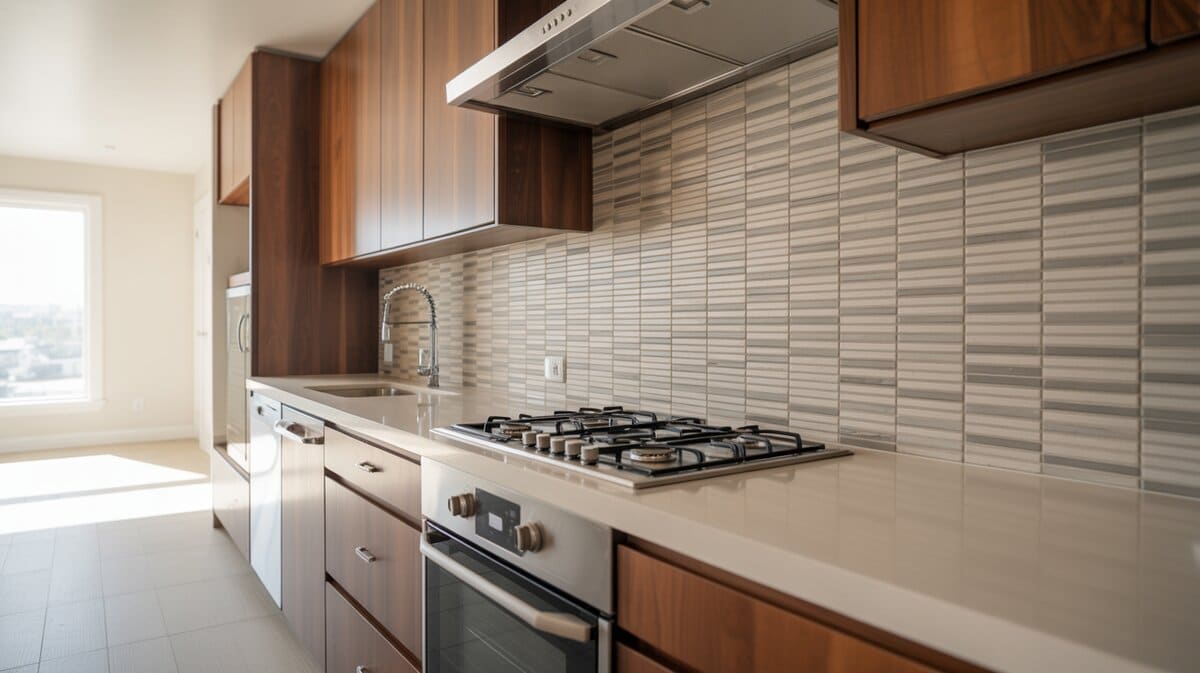 Dark wood kitchen with super white quartz and linear strip tile backsplash