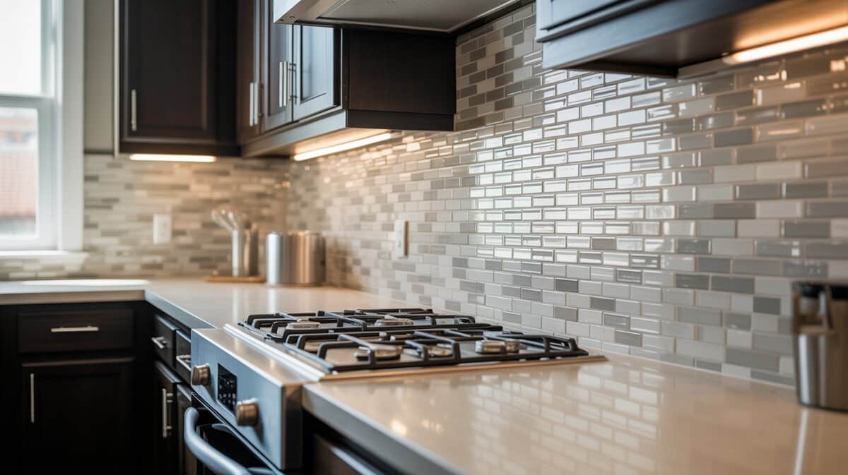 Espresso cabinet kitchen with white quartz and shimmering metallic glass mosaic backsplash