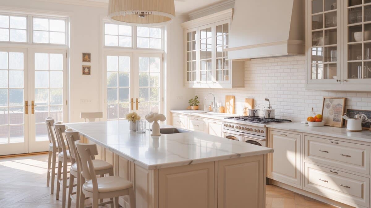 Elegant white kitchen with marble look quartz island and bright French doors