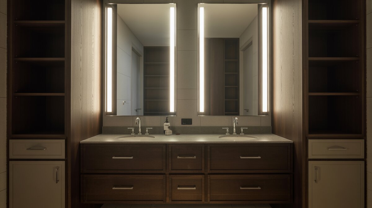 Dark wood double vanity lit by vertical illuminated mirrors and tall side cabinets.