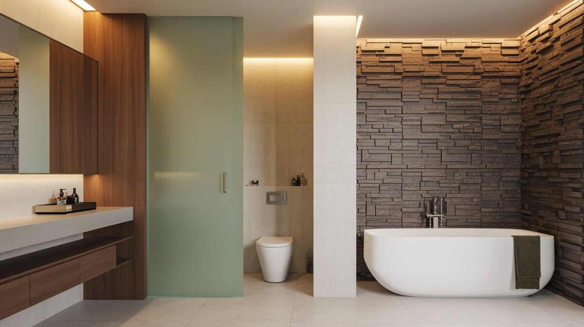Frosted glass panel screens the toilet beside a tub and stacked stone wall.