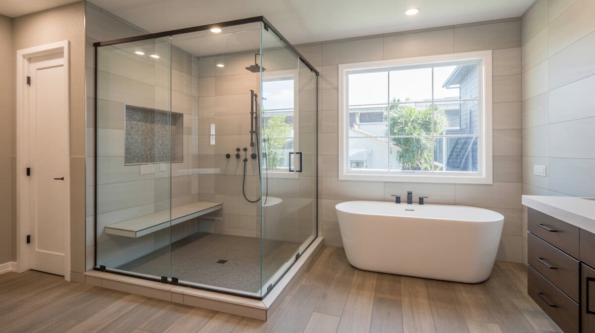 Glass walk-in shower with bench pairs with a freestanding tub near the window.
