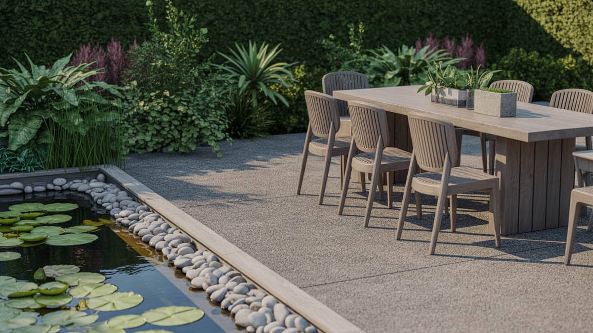 Aggregate terrace with a natural pond water feature and a rustic outdoor dining table