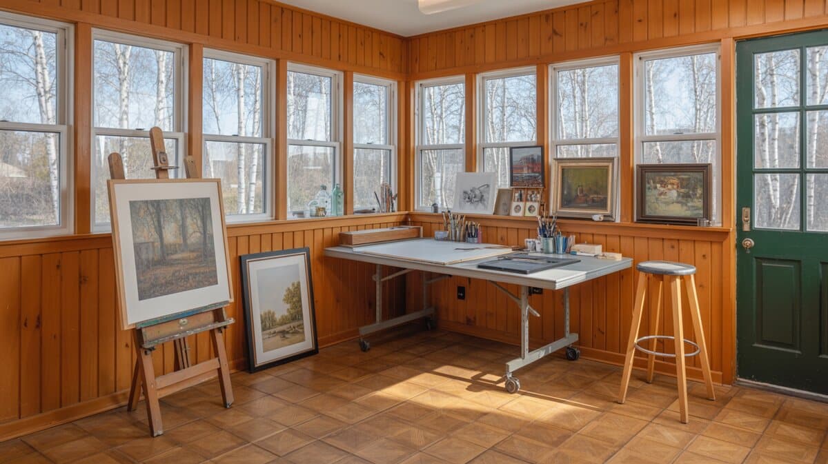 Pine-paneled studio with easels, paintings, and a drafting table framed by bare birch trees