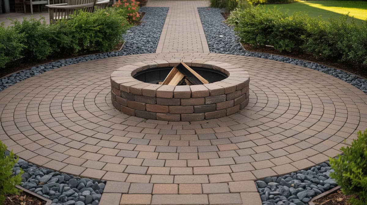 Backyard brick paver patio with an interlocking brick fire pit wall and coarse gravel border