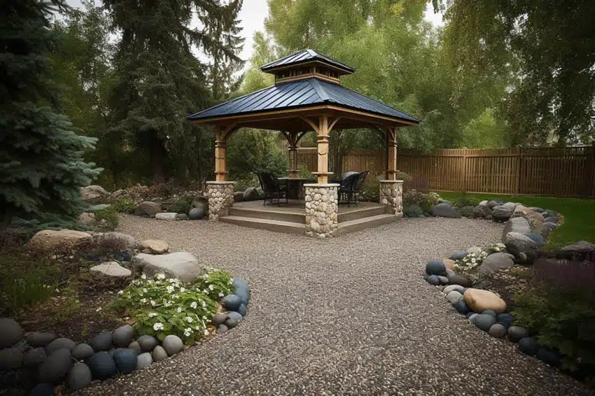 Backyard gazebo with stone landscaping