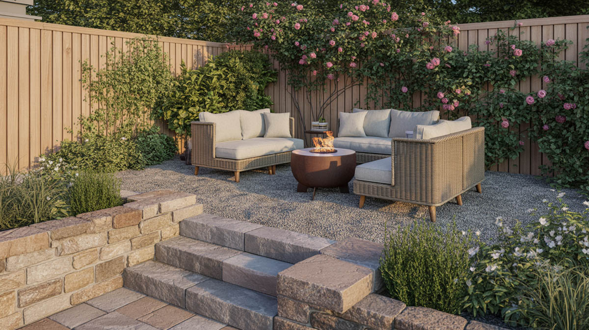 Inviting backyard gravel patio with rough-cut granite steps and a round metal fire pit