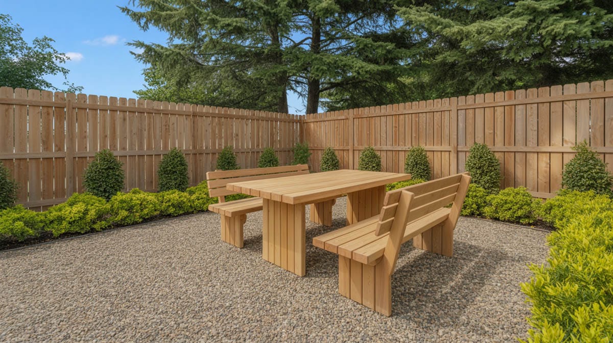 Backyard gravel patio with natural wood outdoor furniture and cedar privacy fence