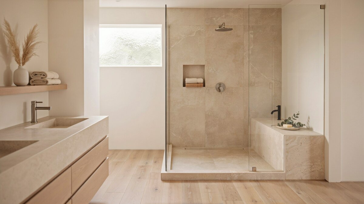 Bathroom shower finished in warm beige porcelain tile with glass enclosure