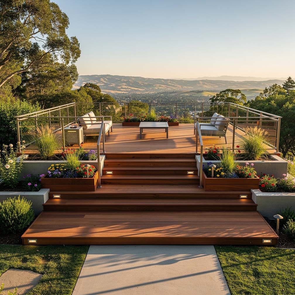 Beautiful Wood Deck With Hillside Views Next To Flower Planter