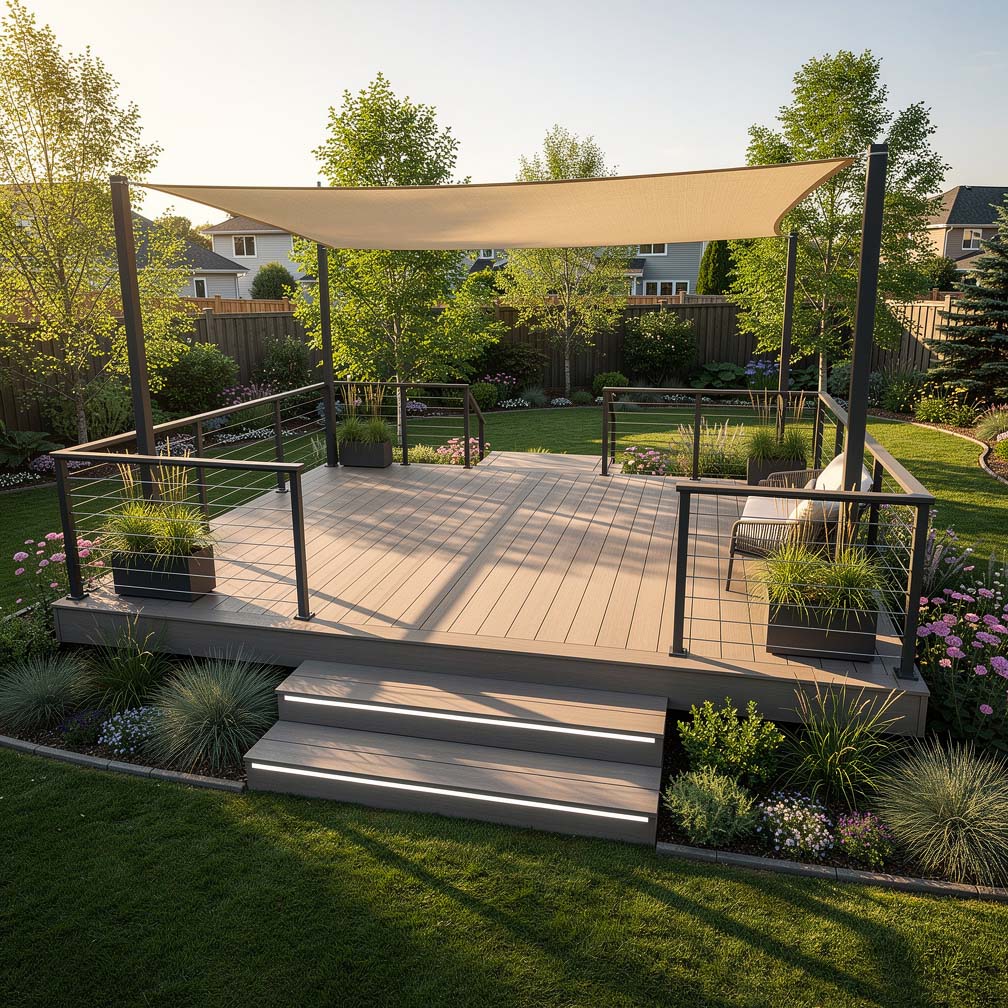 Beautifully Decorated Composite Deck And Garden Area With Canopy