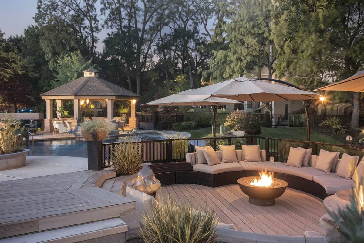 Beautifully decorated composite deck and garden area with canopy