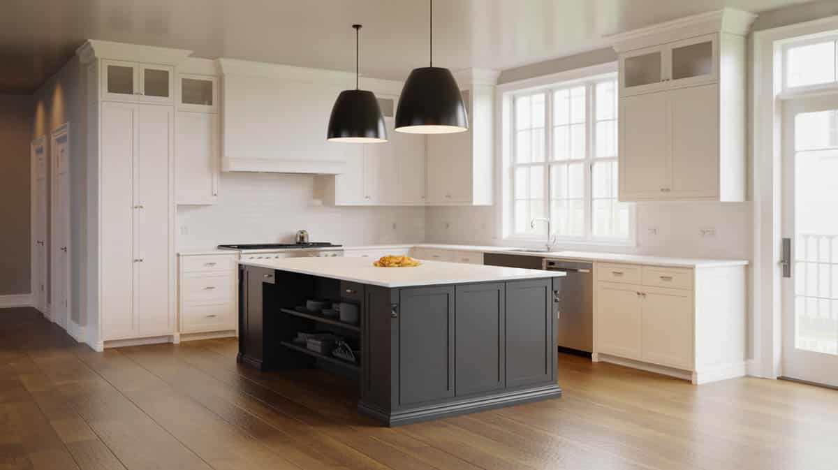 Contemporary kitchen with white cabinets, black island and black pendant shades