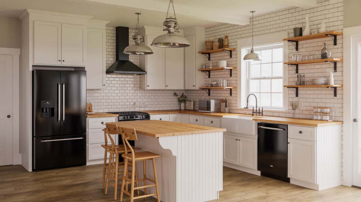 Farmhouse kitchen with black appliances, white cabinets and a natural wood island