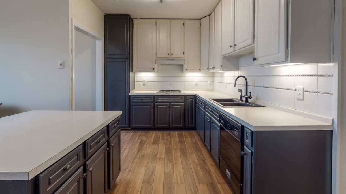 Closed kitchen layout with black base cabinets, white overheads and wood laminate flooring