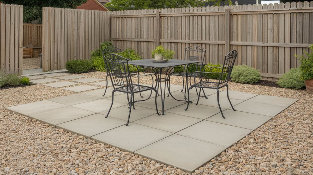 Rustic backyard patio with smooth cement paver squares and black wrought iron furniture