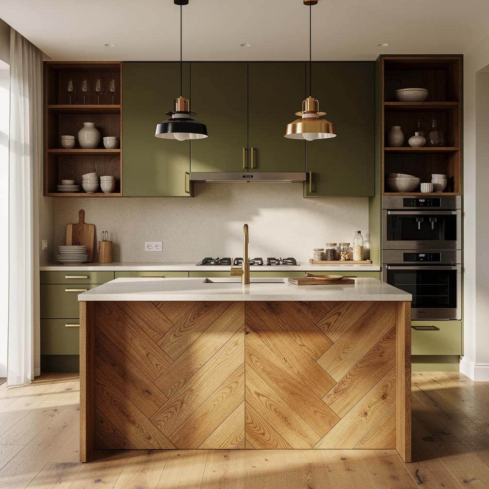 A unique application using natural oak panel boards on the island. Instead of the common vertical